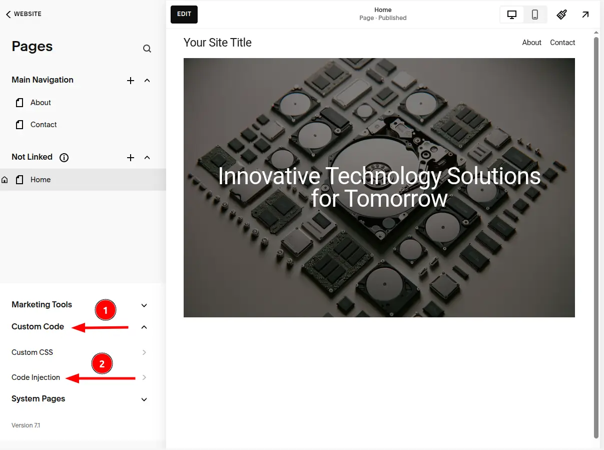 Squarespace Navigation to Code Injection