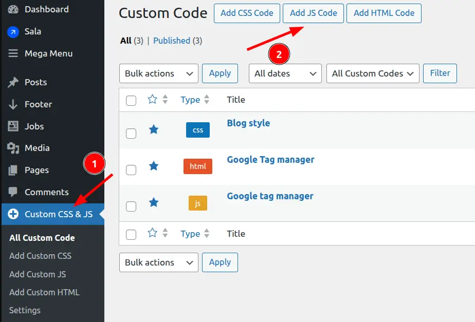 WordPress Custom CSS JS menu